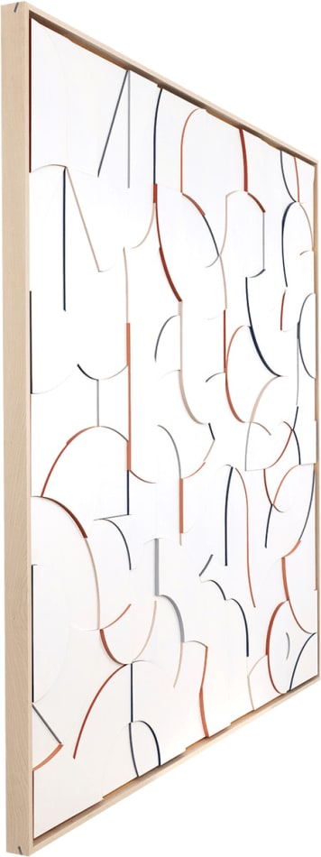 side view of abstracted typography design in white wood with colorful accents on the side of wood