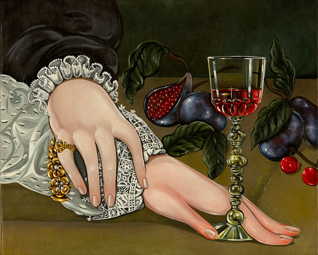 Painting of a woman's hands crossed, one of them with an elaborate gold ring and the other holding the base of a crystal glass by Sabrina Bockler