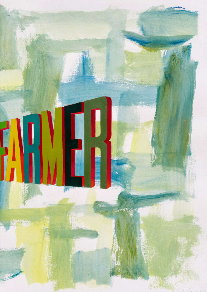 Painting with large green, yellow and blue brush stroke throughout the background with the words 