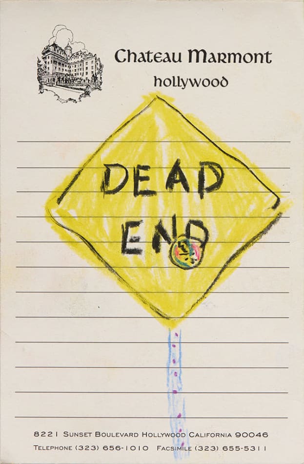 Drawing of a Dead End sign with a deadhead sticker in the corner on hotel stationery