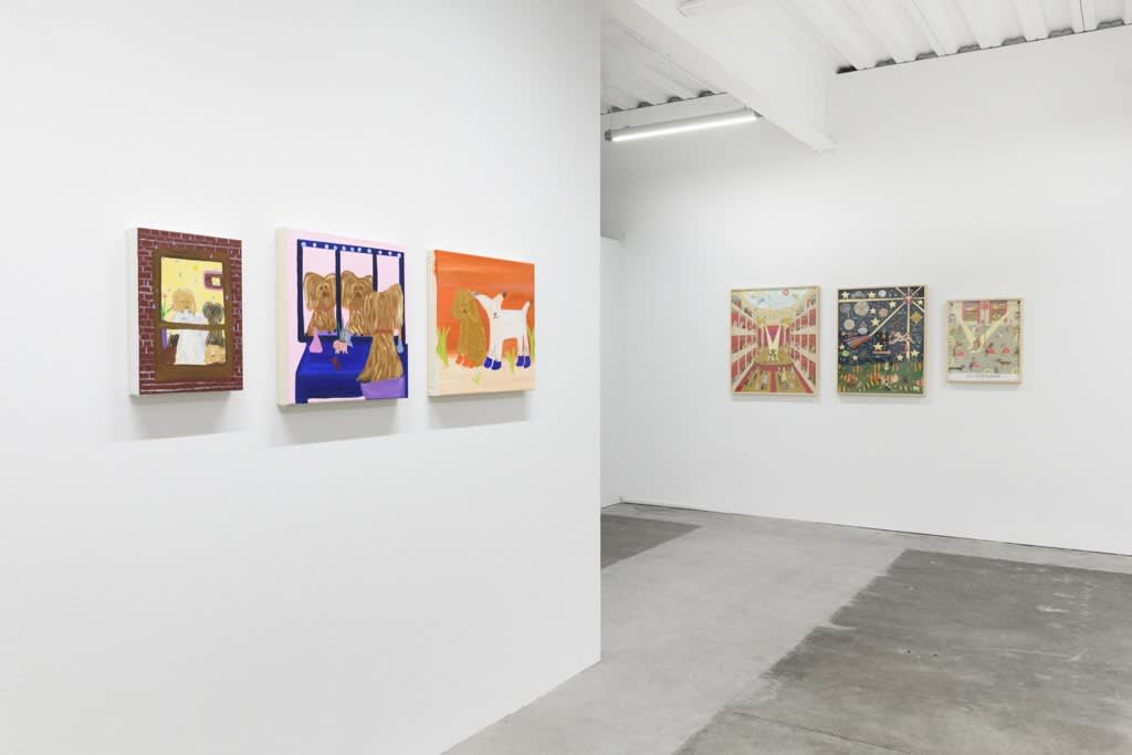 Installation view of a gallery wall with various artworks installed for the Doggone Delightful group exhibition at Hashimoto Contemporary San Francisco