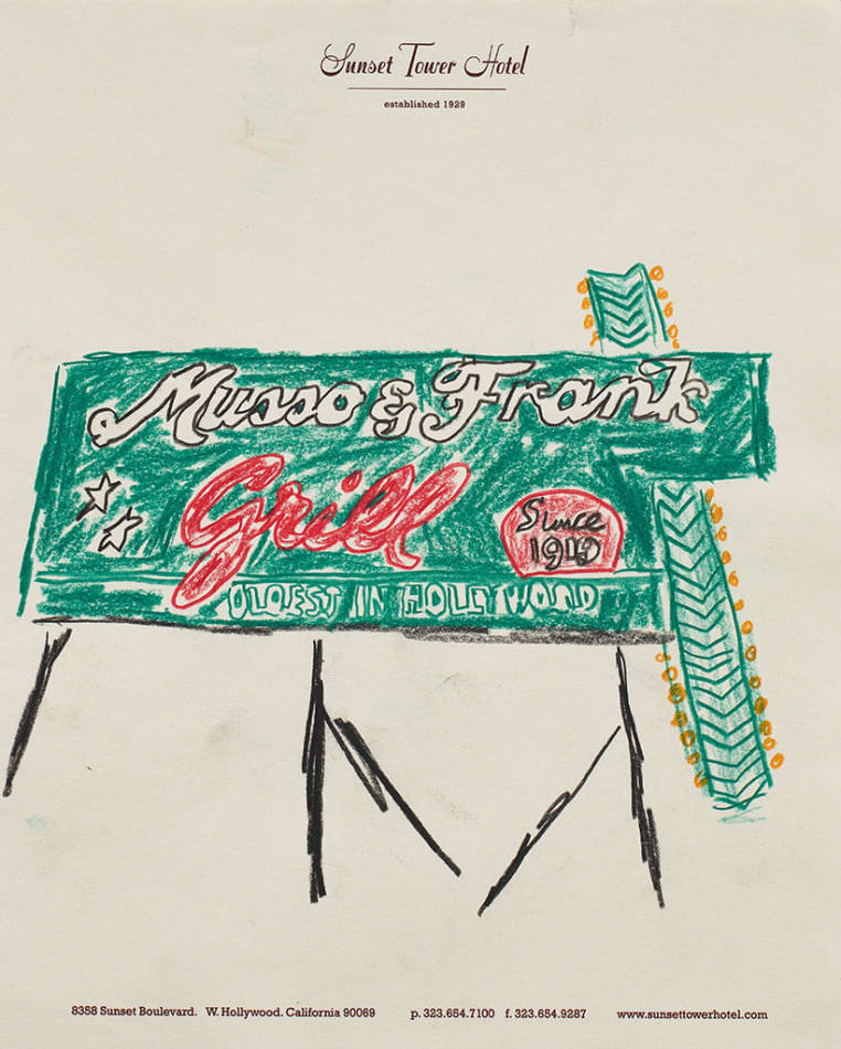 Drawing of the Musso and Frank sign on hotel stationery