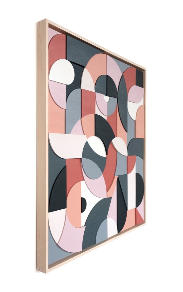 Scott Albrecht wood relief painting in pink and blue tones
