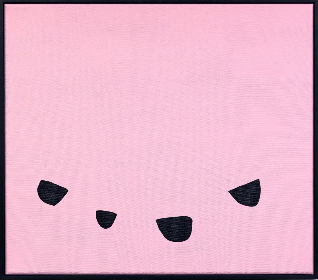 Stuart Pittman's painting if four black shapes on a pink background