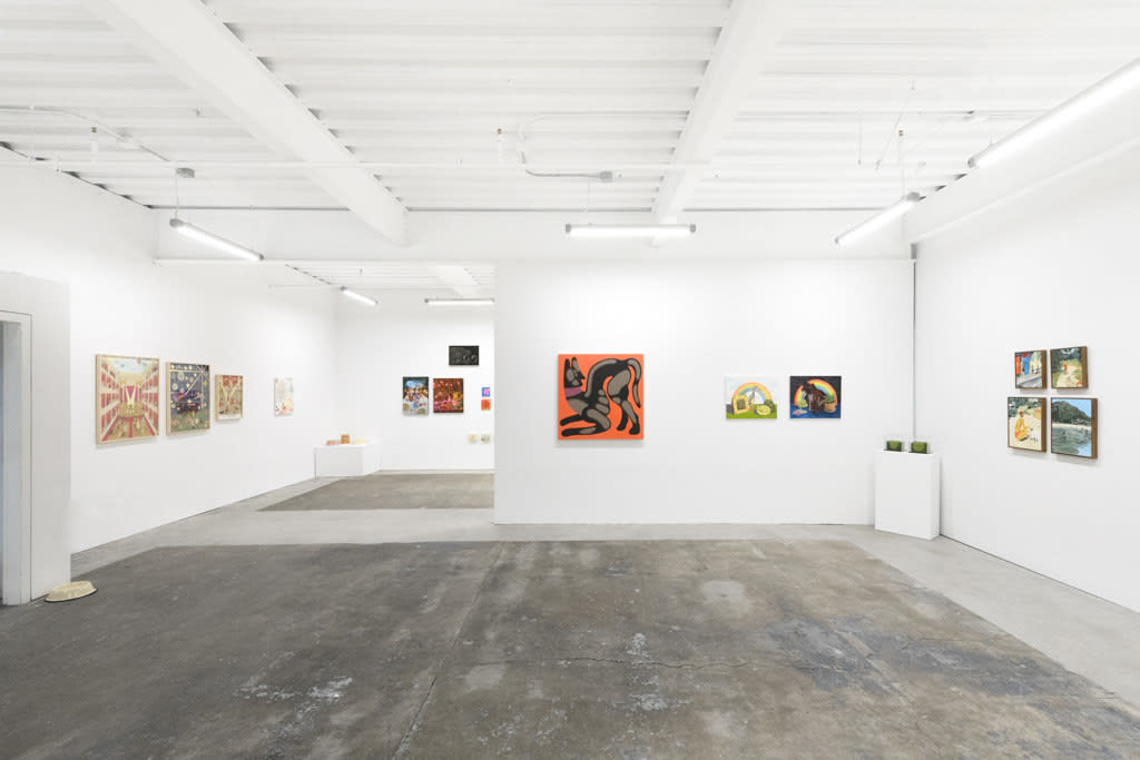 Installation view of four framed paintings by artist Kirsten Sims in a grid configuration
