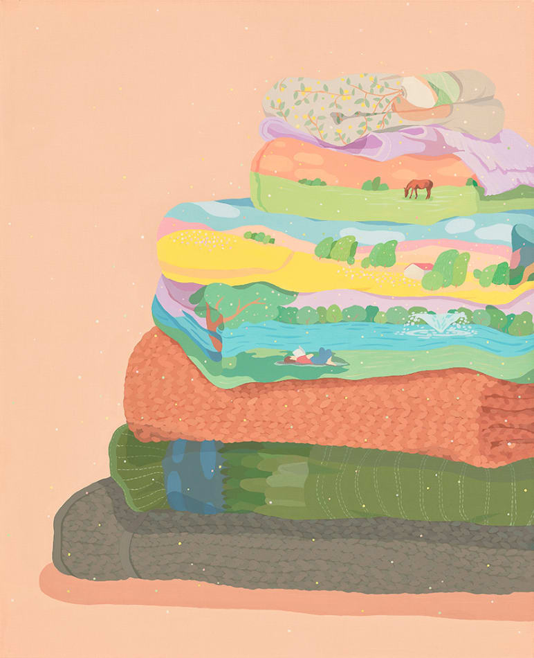 Danym Kwon - Painting of stacked clothes. Some clothes are patterned with sceneries of nature. The background is solid pastel orange.