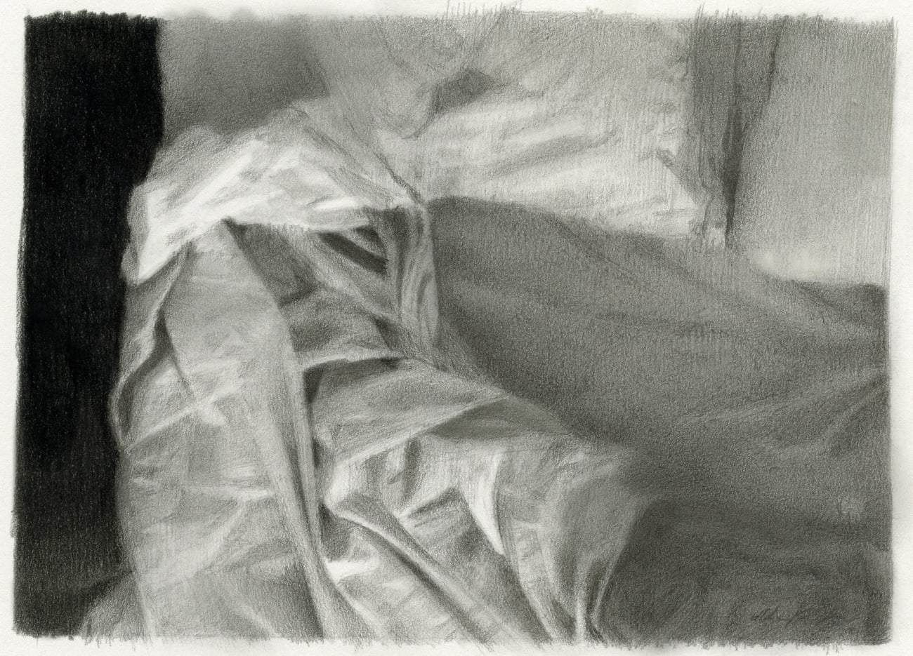 graphite drawing of bedsheets