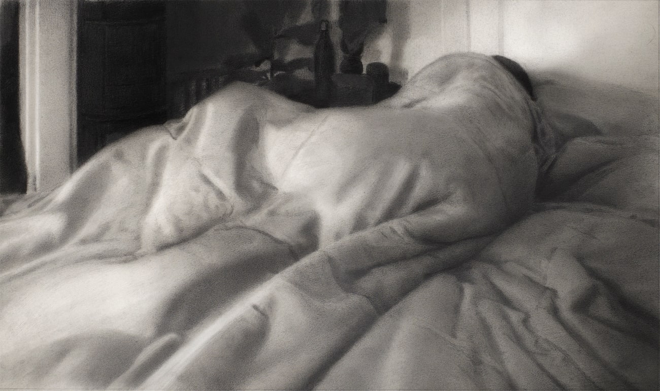 drawing of a person wrapped in blankets