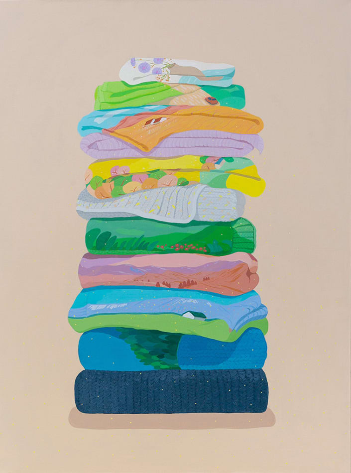 Danym Kwon painting of stacked folded sheets with patterns, trees, florals, etc