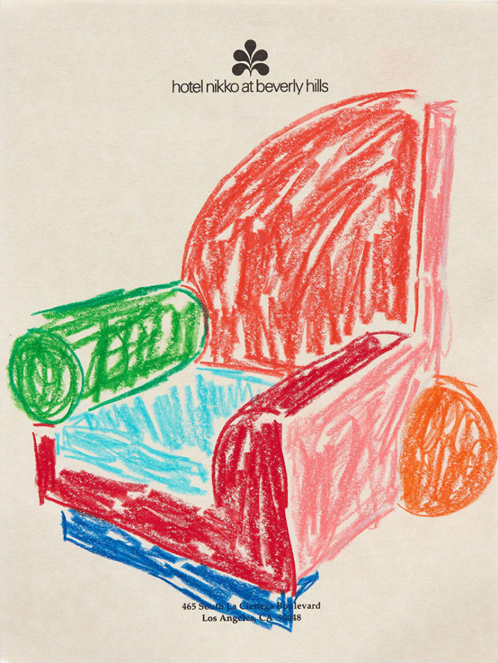Drawing of a brightly colored armchair on hotel stationery