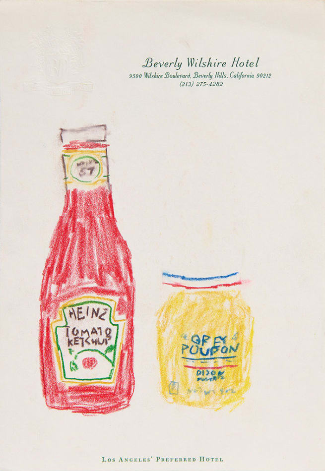 Drawing of a bottle of ketchup and a bottle of mustard on hotel stationery