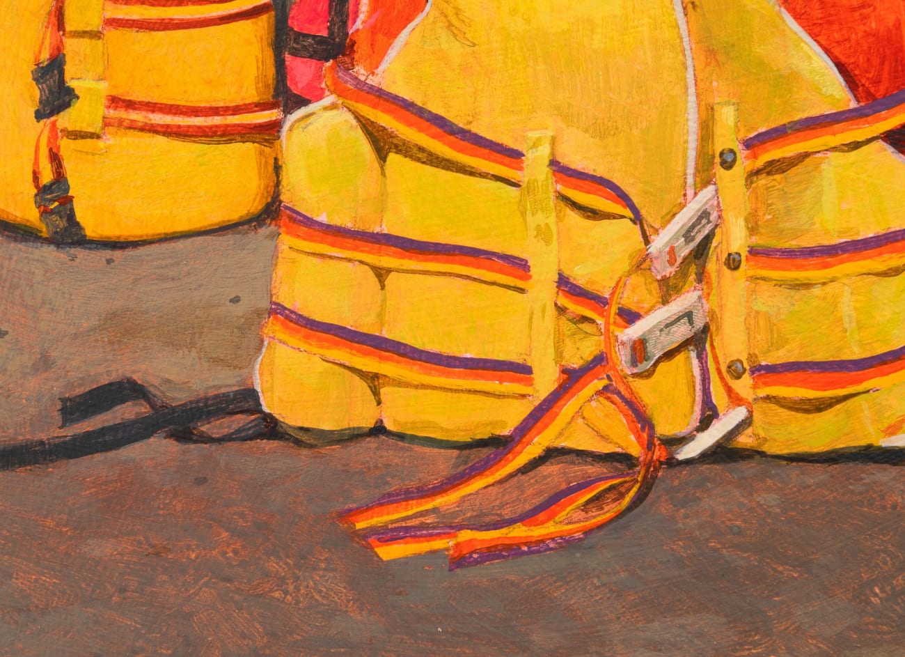 Painting of a bunch of bright orange and yellow life vest on the ground leaning up against a garage door.