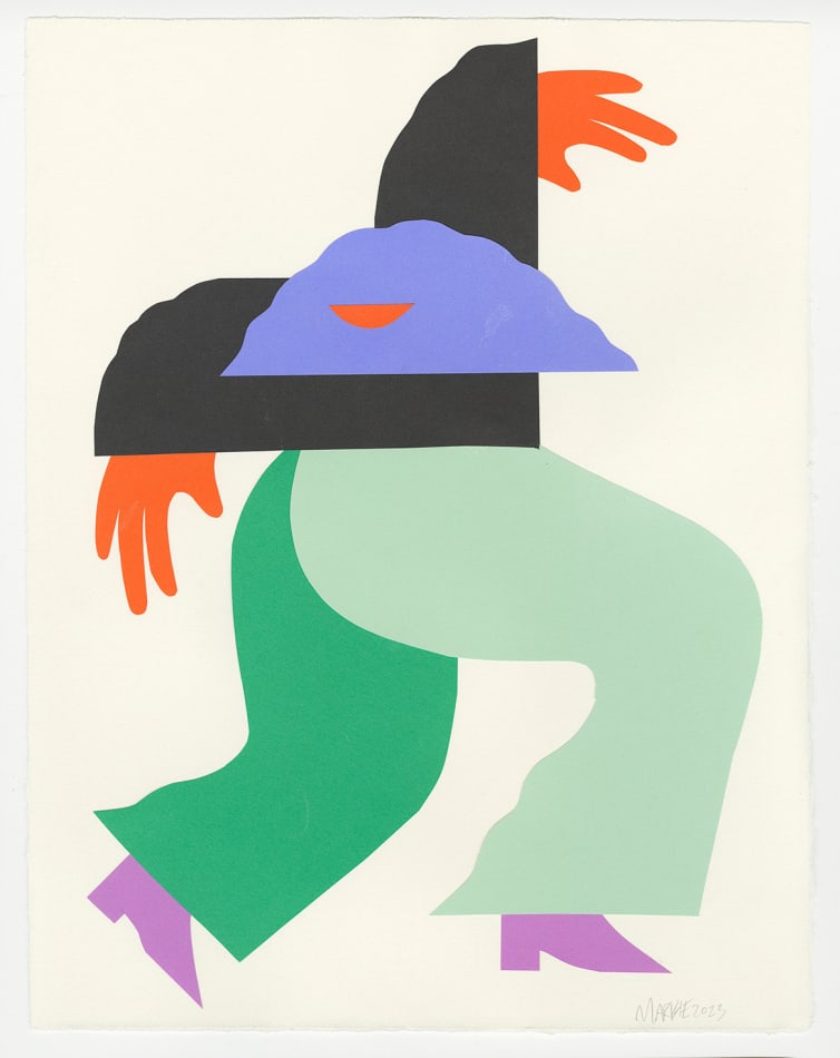 a figure dances across the collage frame, wearing forest and mint green pants, a black top and purple boots. her orange hands flail out in a triangle as she looks behind herself to the left side of the collage.