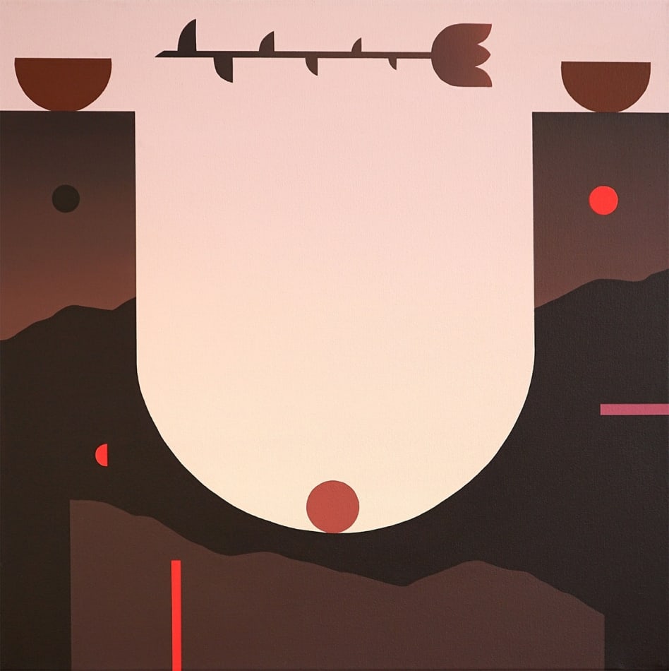 red toned painting of a round object at the bottom of u shaped trench