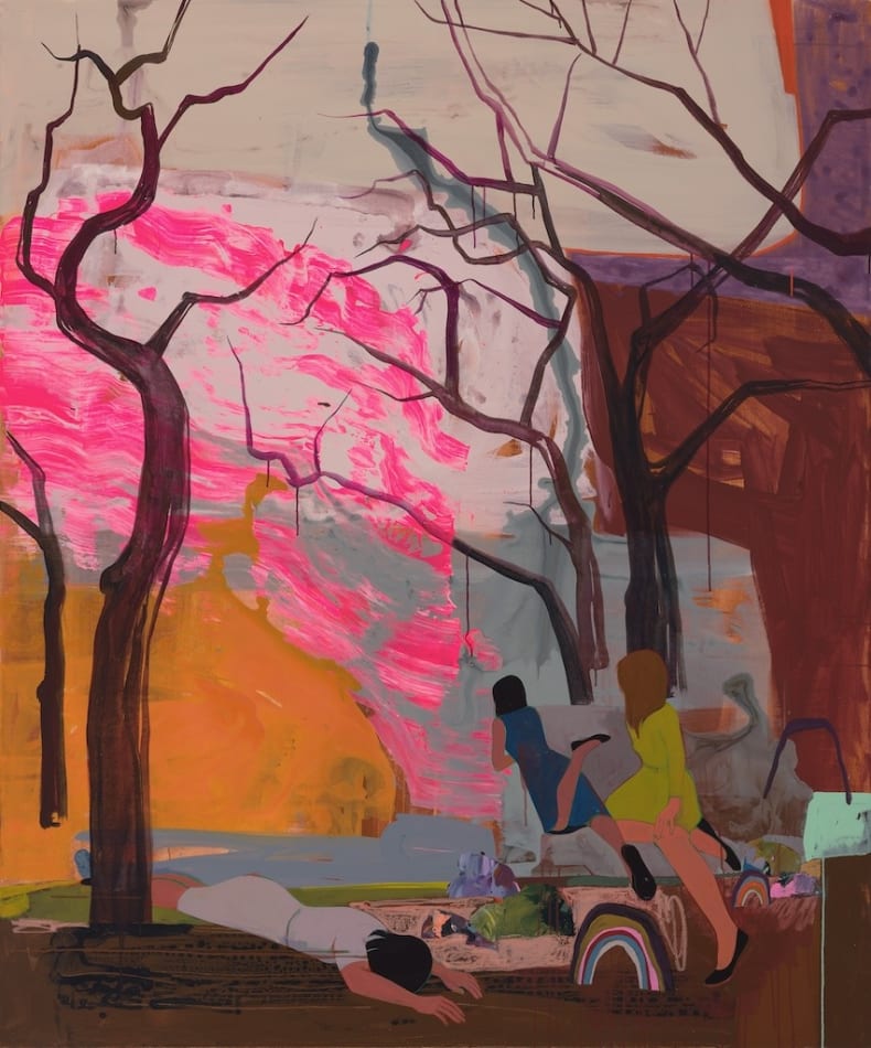 Painting of a pink and brown tree landscape with three figures in the bottom right