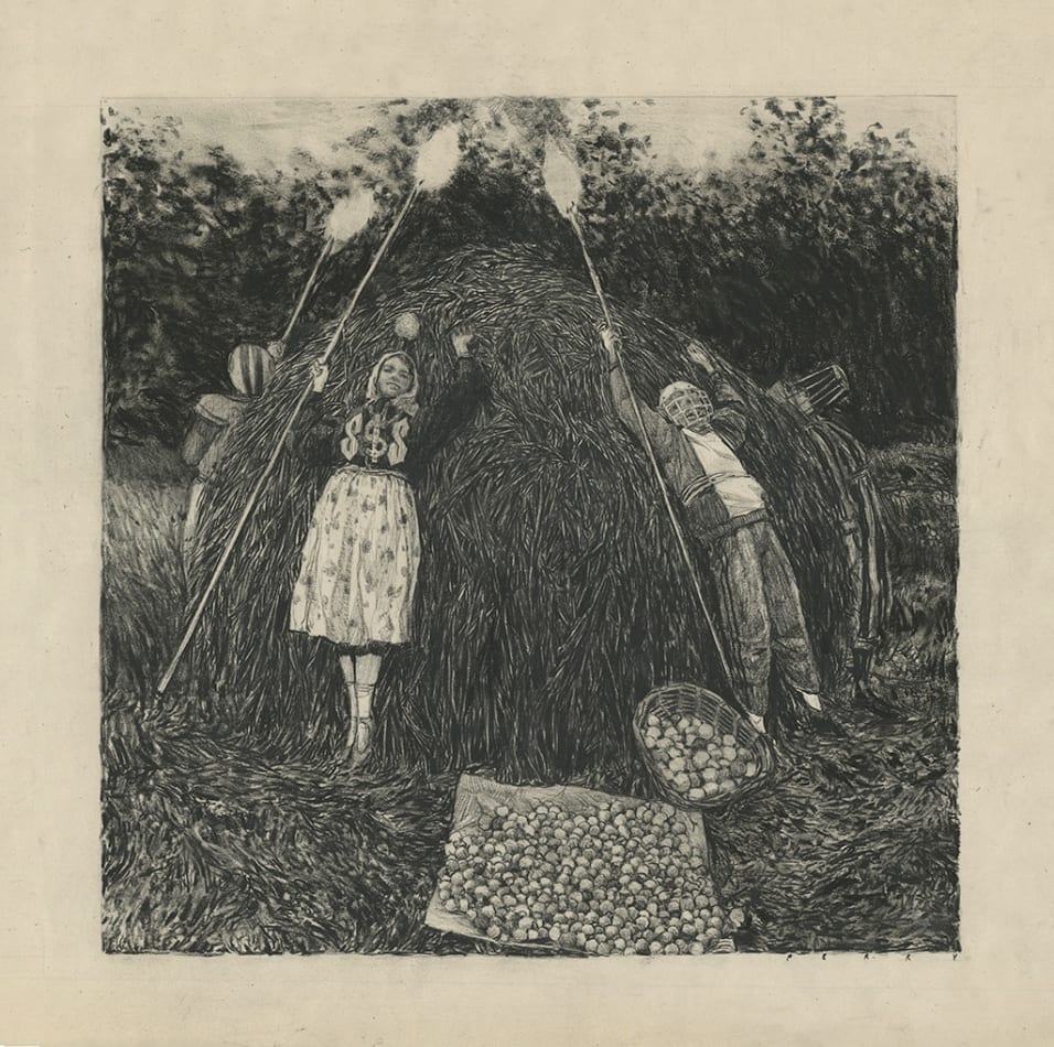 Pat Perry b&w drawing of figures on rounded hay bale
