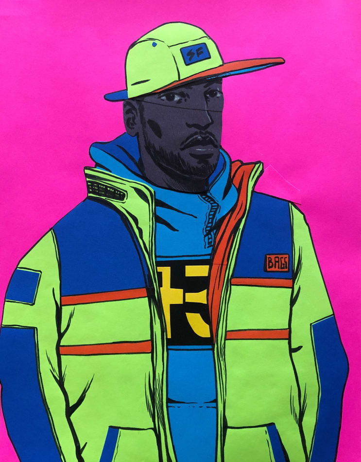 Dennis Brown's piece on paper of a male figure wearing a hat and a jacket
