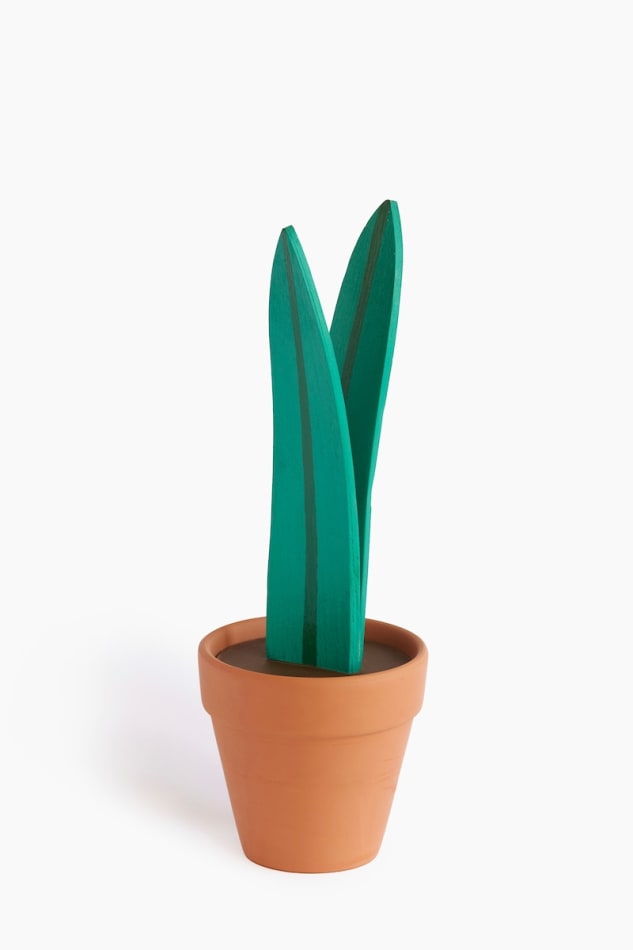 Jeff Canham wooden plant sculpture in a terra cotta pot