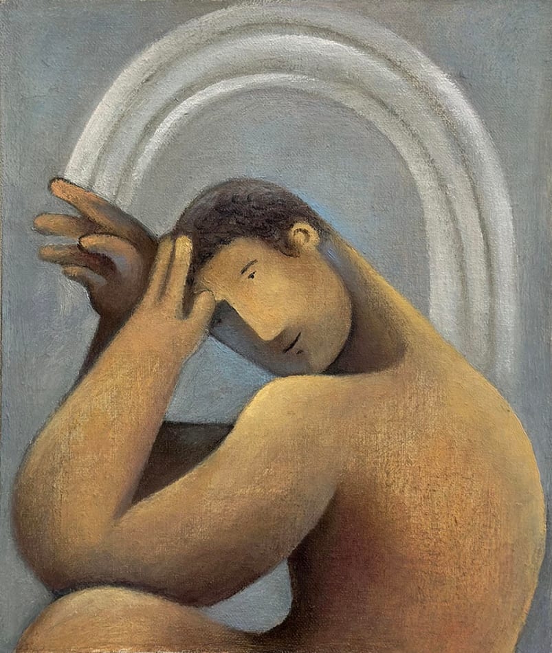 nude male figure with an arch behind him