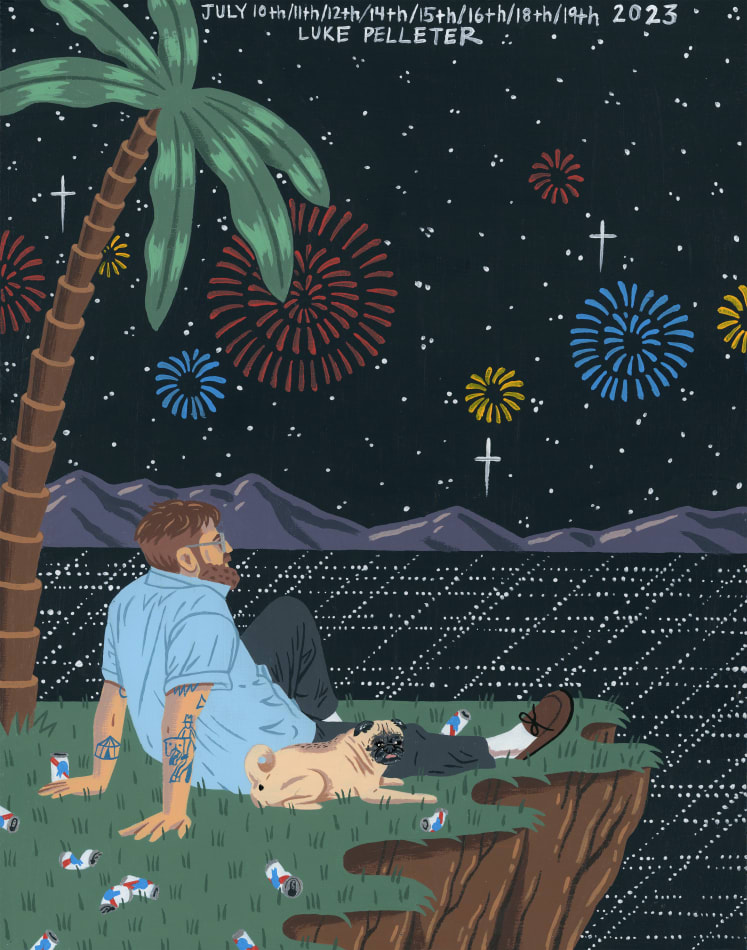 Painting of the artist Luke Pelletier sitting on the edge of a grassy cliff with a small pug overlooking a cityscape and mountains with fireworks in the sky.