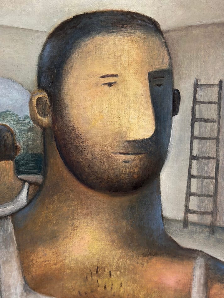 one male figure lookout out with another male figure with his back turned behind him detail