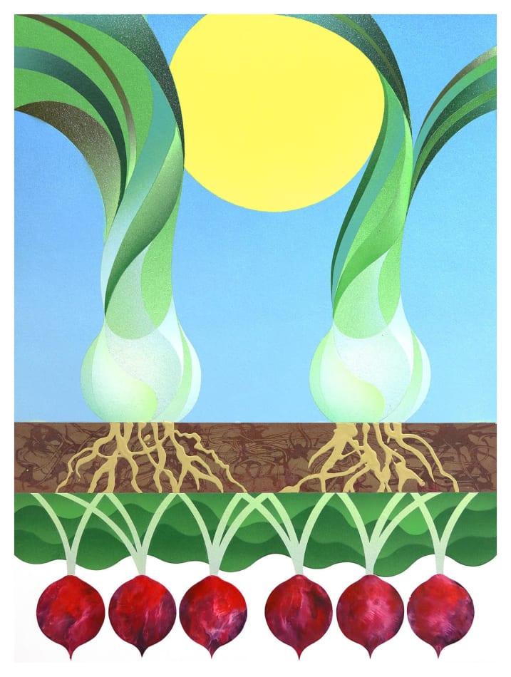 painting of leeks and radishes in the soil