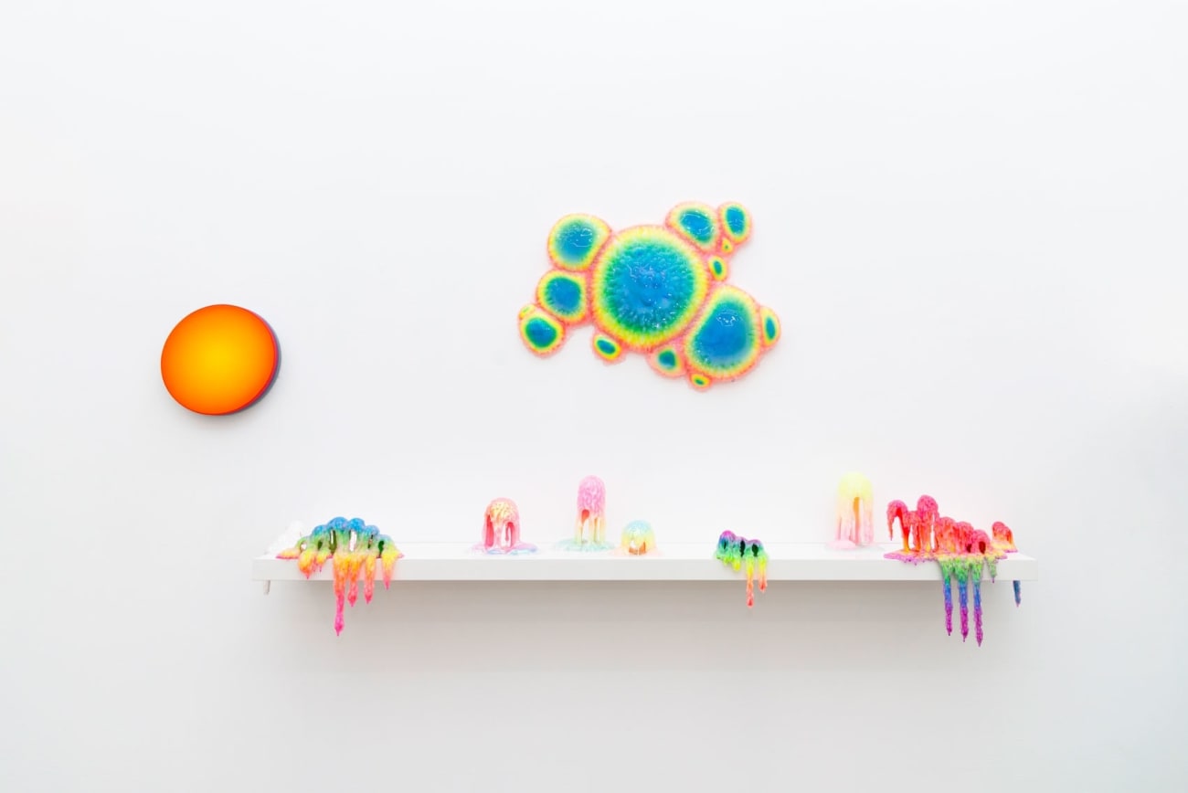 Installation shot of sculpture with multiple circular objects with a rainbow gradient by Dan Lam