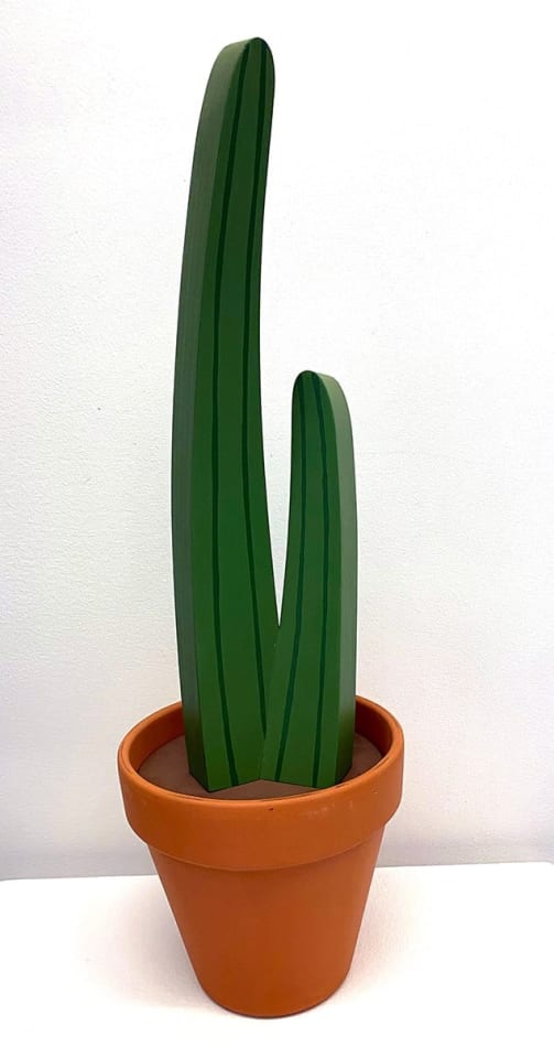 Jeff Canham wooden sculpture of cactus in terra cotta pot