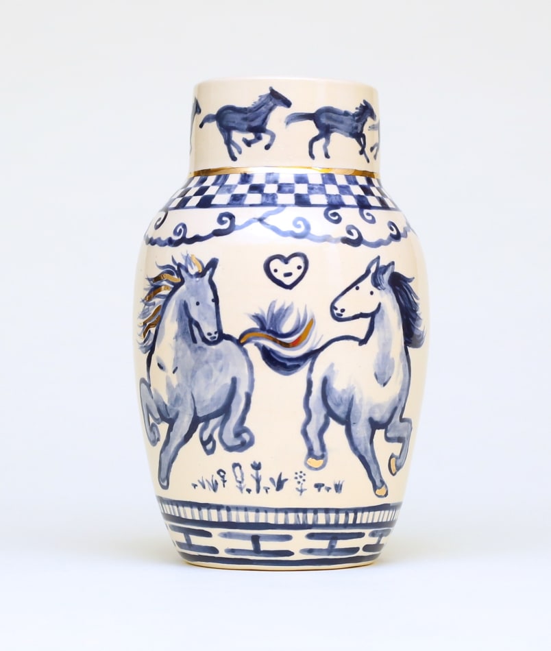 Catalina Cheng's vase with horses painted in blue