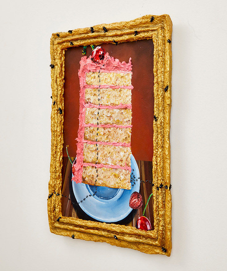 N Dyer painting of a tall slice of pink cake in a gold frame, ants crawl from the cack to the outside of the frame