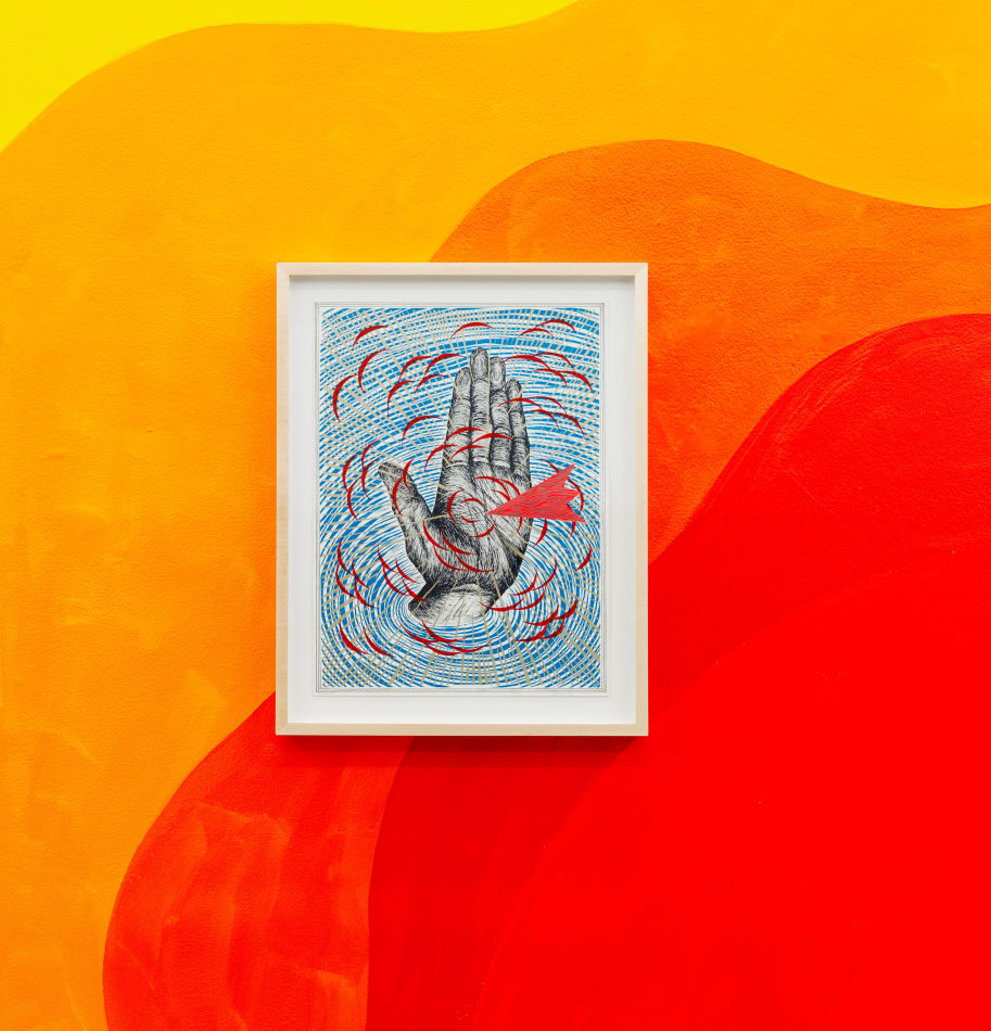 Andrew Schoultz - framed painting of hand on blue background