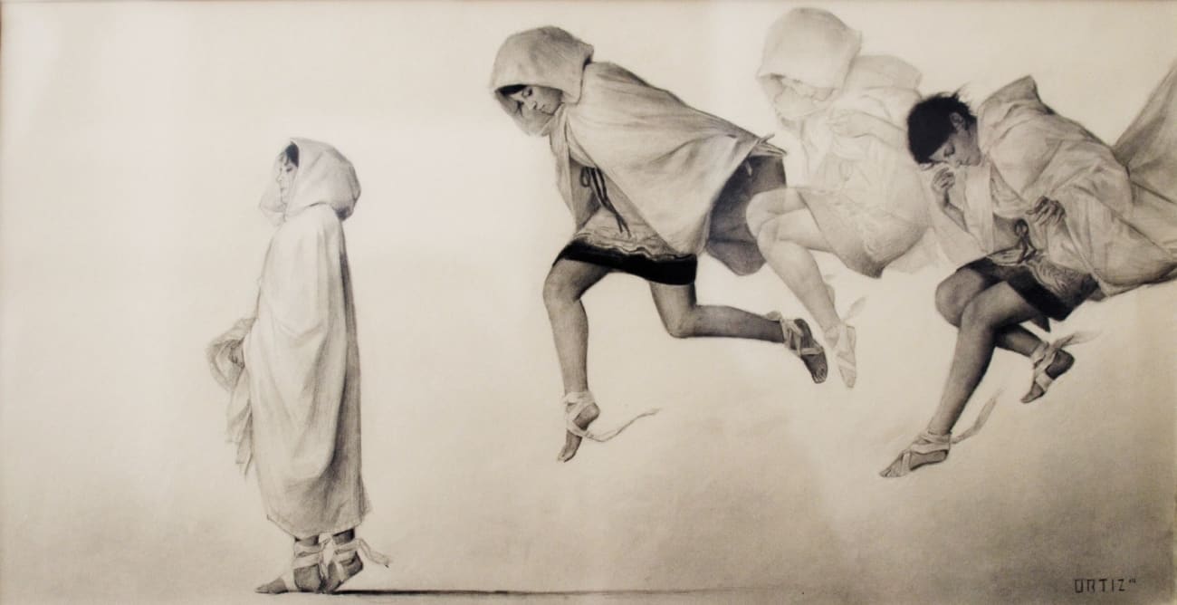 Karla Ortiz graphite drawing of figure moving across picture plane