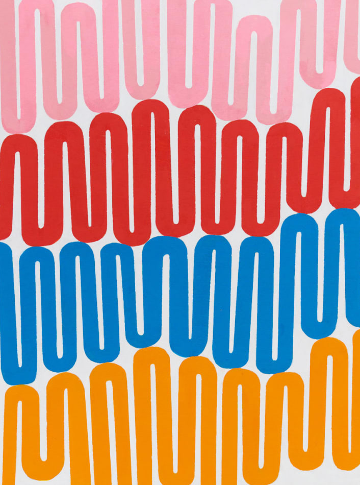 Abstract painting of curved lines in orange, blue, red and pink on a white background