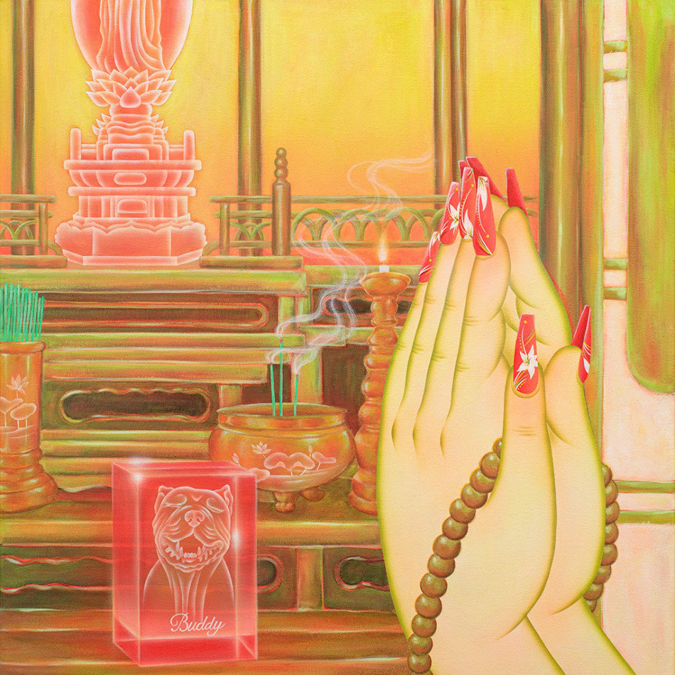 Painting of hands pressed together praying with a brown rosary wrapped around the two hands. There is an alter with burning incense and a red box with a picture of a dog on it.