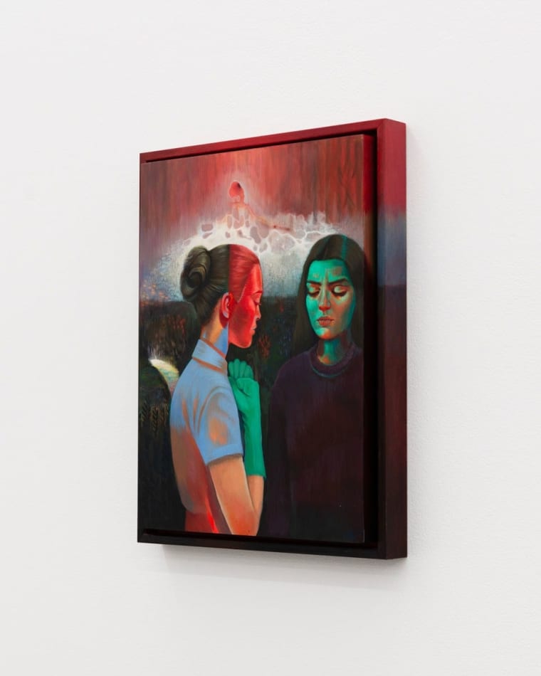 Painting of two women facing each other in a field with a river running through the back.