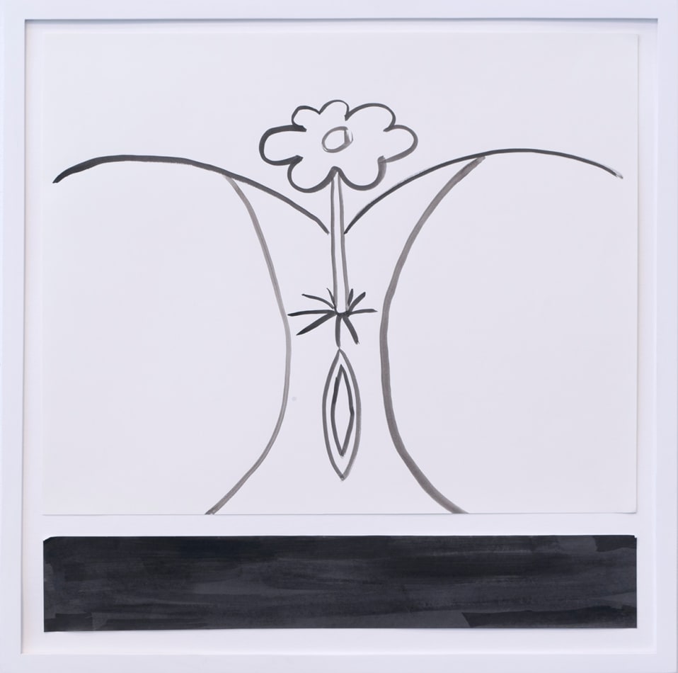 Corey K. Lamb - black and white ink drawing of simplified female genitals with flower protruding