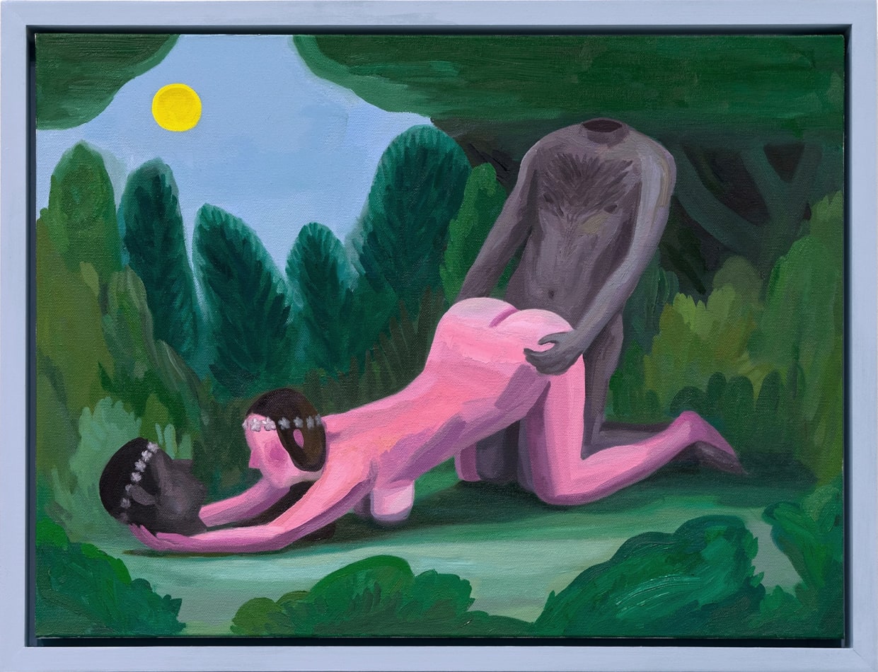 Corey K. Lamb - female figure on all fours holding severed head, body behind mounting her in the forest