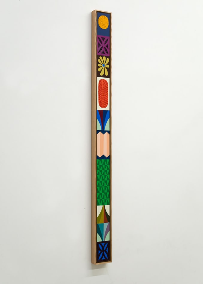 Vertical painting with small designed stacked on top of each other featuring a yellow flower, a red feather, a sun, a checkered green design, a diamond shaped design and a blue flower