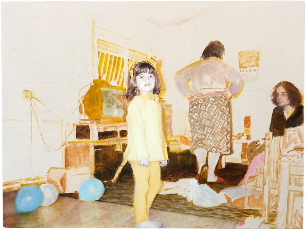 Ester Tuva - Painting of a little girl wearign yelow top and bottom in a living room with two other women behind her.