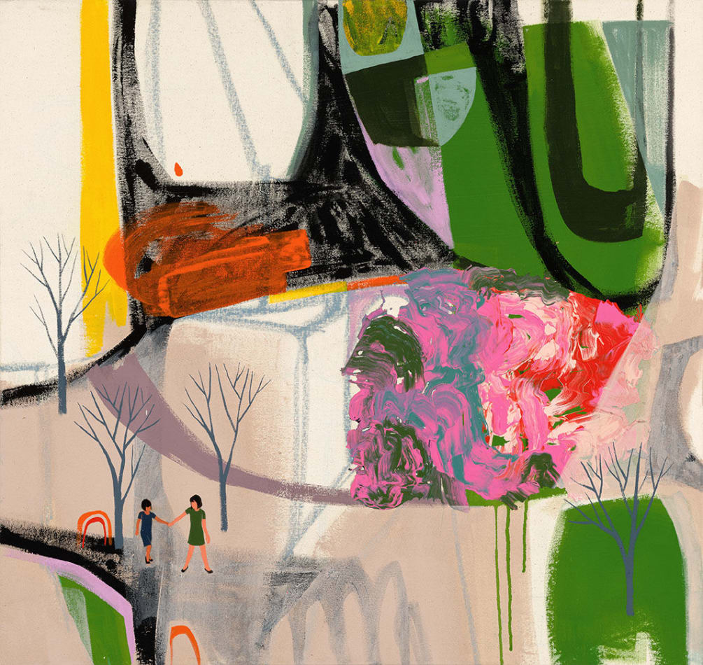 colorful abstracted landscape with two small figures holding hands