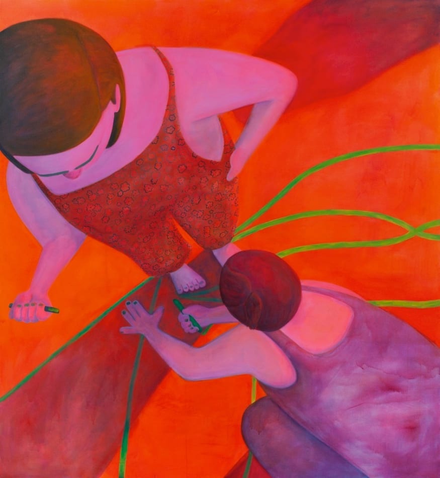 Geneveive Cohn painting of two women in pinks and reds drawing with green chalk