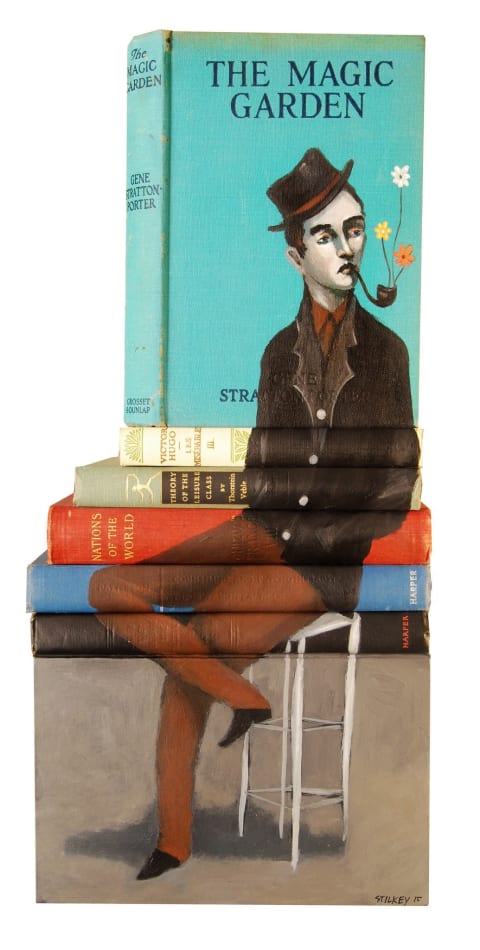 Mike Stilkey painting of man on books