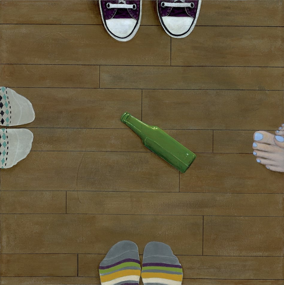Gabe Langholtz painting of wooden floor with feet visible on all four sides and green bottle in center