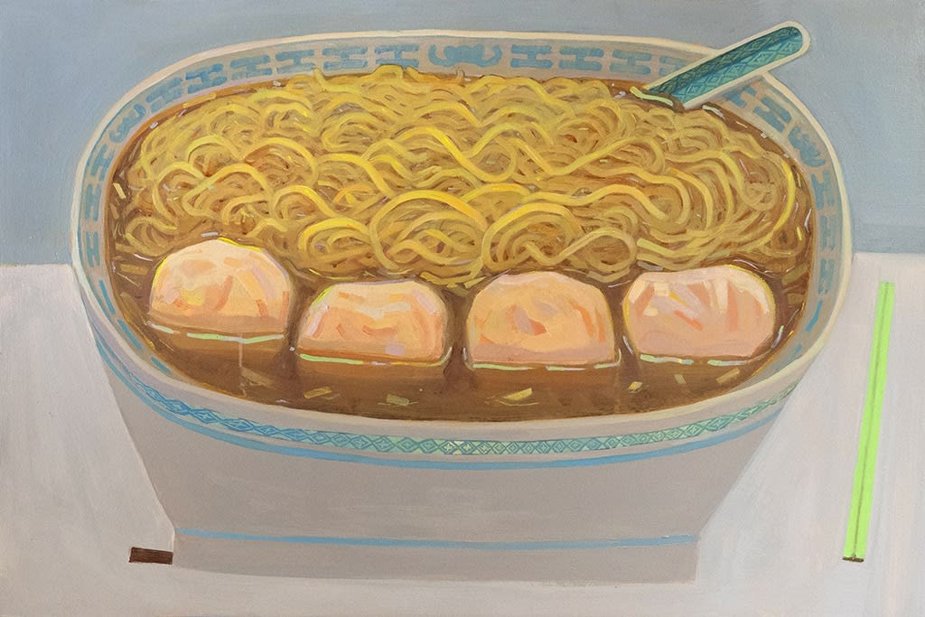 Matthew Kam painting of bowl of noodles, blue and yellow tones with green accent