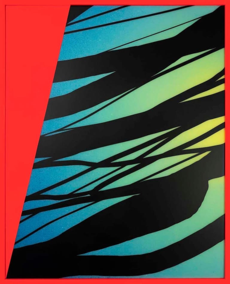 Rachel Strum paint and resin piece, abstract shapes in neon orange, blue, green, yellow and black