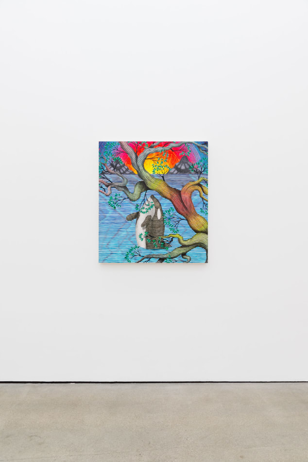 Installation image of Andrew Schoultz's painting Lone Orca in Paradise at Hashimoto Contemporary LA