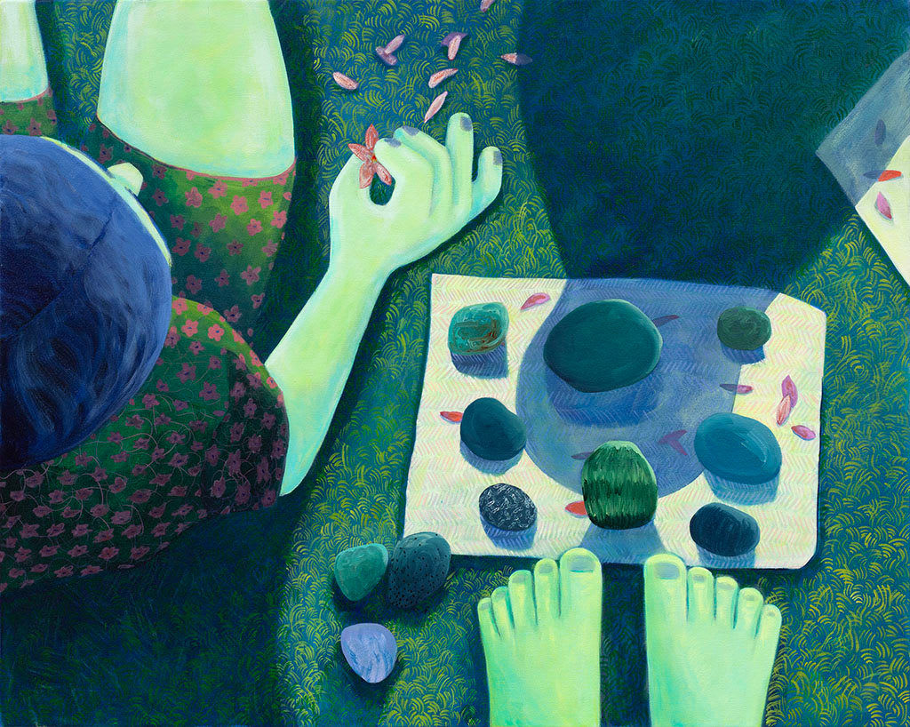 green and blue painting of a seated figure holding flowers petals next to and arrangement of rocks and another figure's feet