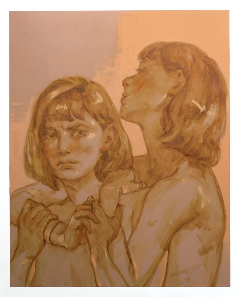 Self portrait of the artist Rachel Gregor. Rachel is holding herself, one version is looking forward and the other has its arms wrapped around the others shoulders, her head faces away