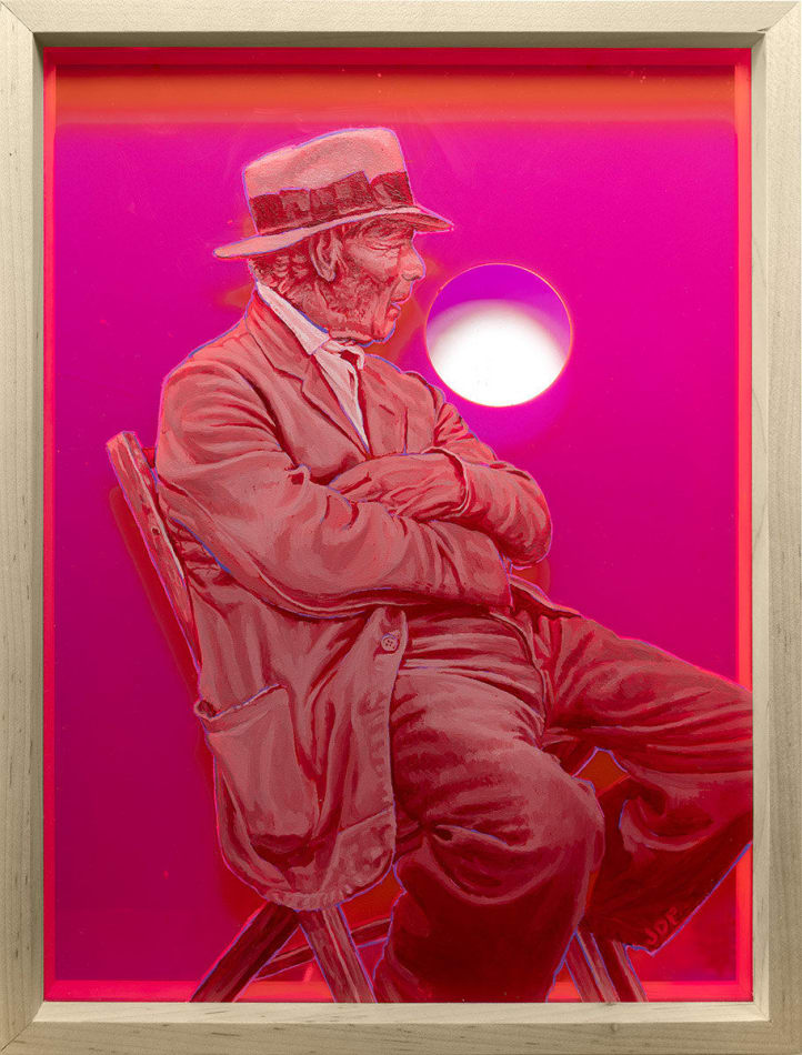 seated old man in pink with face turned away from the viewer