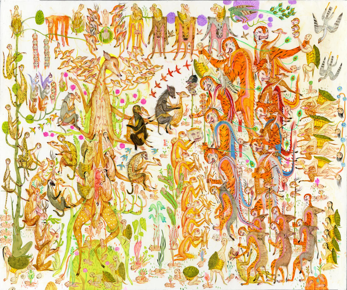 Painting by Mu Pan of creatures, animals and human hybrids eating, sleeping, killing, flying and climbing